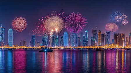 Doha's Celebratory Night Sky: Stunning fireworks light up Doha's skyline on Qatar National Day, September 23, 2018, with vibrant and dazzling displays.の素材