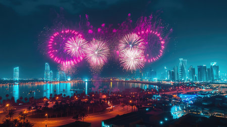 Doha's National Day Lights: Spectacular fireworks show over Doha, Qatar, on September 23, 2018, celebrating Qatar National Day with vibrant and colorful displays.の素材
