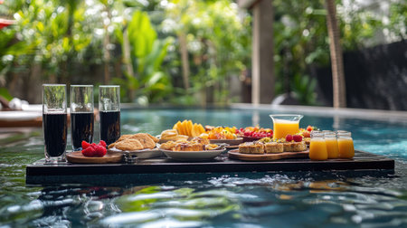 Floating breakfast set in a serene hotel swimming pool, featuring a spread of fresh fruit, pastries, and beverages, offering a luxurious start to the dayの素材