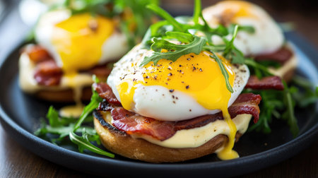 Elegant serving of Eggs Benedict with poached eggs, crispy bacon, and hollandaise sauce on an English muffin, accented with fresh arugula for a gourmet brunchの素材