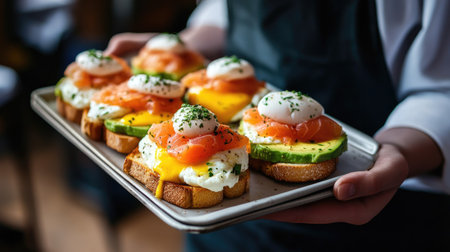 Elegant breakfast tray held by a waiter, featuring Eggs Benedict with smoked salmon, poached eggs, toast, and avocado, perfect for a gourmet restaurant menuの素材