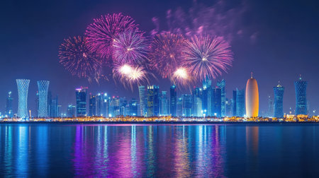 Fireworks Over Doha Landmarks: Spectacular fireworks show over Doha, Qatar, on National Day, September 23, 2018, illuminating the city with festive colors.の素材