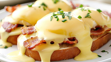 Eggs benedict served with crispy bacon on sourdough bread, covered in creamy hollandaise sauce, making for a decadent and satisfying breakfast dishの素材