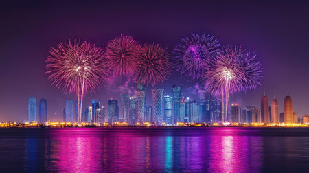 Doha's Night Sky: Captivating fireworks lighting up the Doha skyline on Qatar National Day, September 23, 2018, with vibrant colors reflecting off the buildings.の素材