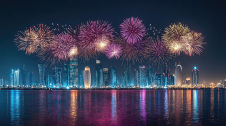 Doha's Festive Fireworks: Magnificent fireworks display over Doha, Qatar, celebrating Qatar National Day on September 23, 2018, with the night sky aglow in festive colors.の素材