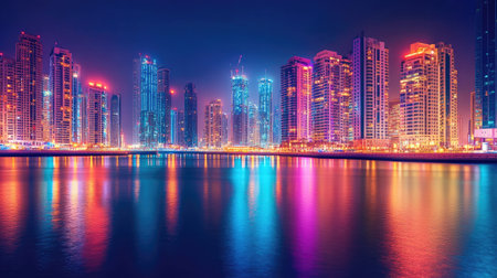 Dubai's Marina Night Glow: A stunning long exposure shot of Dubai Marina at night, highlighting the vibrant reflections of city lights on the marina's waters.の素材