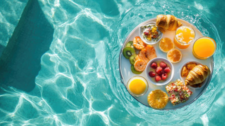 Floating breakfast tray with an assortment of dishes, including fresh fruit, juice, and croissants, gently drifting in a hotel resort's swimming poolの素材
