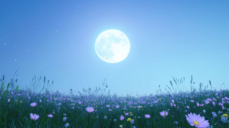 A bright full moon illuminates the clear blue sky, with a quiet meadow below, dotted with wildflowers swaying gently in the breeze.の素材