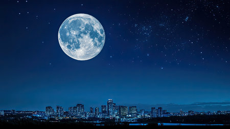 A bright full moon illuminates the clear blue sky, with the silhouette of a distant city skyline below, glowing softly in the night.の素材