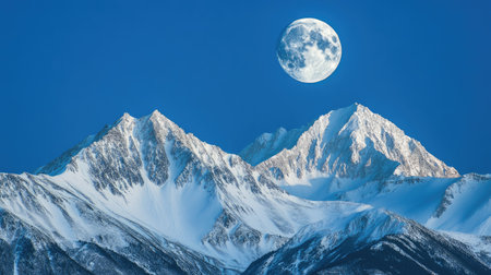 A bright full moon shines in the clear blue sky, highlighting the peaks of snow-covered mountains beneath its soft light.の素材