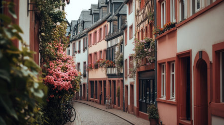 A charming corner of the old city of Mainz, with its traditional German architecture, flower-adorned balconies, and lively street scenes.の素材