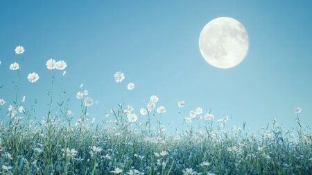 A bright full moon illuminates the clear blue sky, with a quiet meadow below, dotted with wildflowers swaying gently in the breeze.の素材