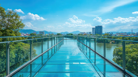 A bright summer day at the Skywalk in Kanchanaburi, Thailand, with the transparent glass deck offering stunning views of the city's skyline and the peaceful river below.の素材