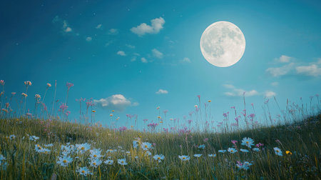 A bright full moon illuminates the clear blue sky, with a quiet meadow below, dotted with wildflowers swaying gently in the breeze.の素材