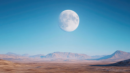 A bright full moon hangs in the clear blue sky, its light casting a soft glow on a sprawling desert landscape below.の素材
