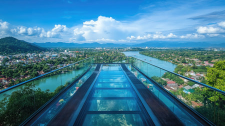 A clear summer day in Kanchanaburi, Thailand, with the Skywalk Observation Deck offering a thrilling glass-floor view of the city, river, and surrounding natural beauty.の素材