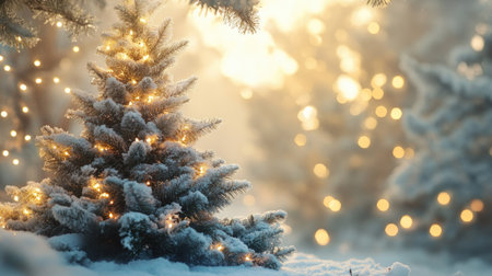 A Christmas fir tree in a peaceful winter forest, its branches covered in snow and illuminated by sunlight and garland lights.の素材