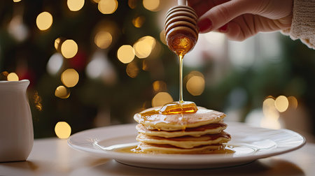A close-up shot of a woman's hand pouring honey over pancakes, with the white plate and table blending into a soft, blurry background, creating a serene breakfast momentの素材