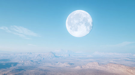 A bright full moon hangs in the clear blue sky, its light casting a soft glow on a sprawling desert landscape below.の素材