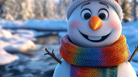 A close-up shot of a happy snowman with a carrot nose, coal buttons, and a wide smile, adorned with a colorful scarf.の素材