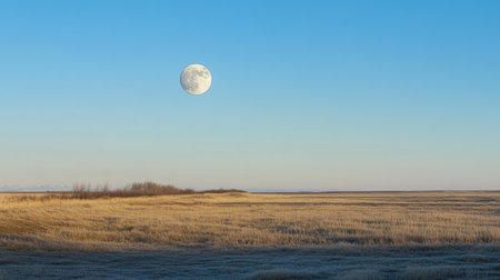A bright full moon hangs high in the clear blue sky, its silver light casting long shadows over a quiet, open field.の素材