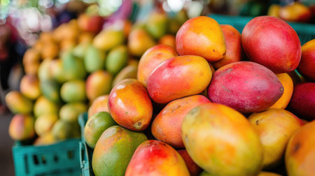 A close-up of mangoes at a street fruit stand, with the vibrant colors of the market creating a lively atmosphere.の素材
