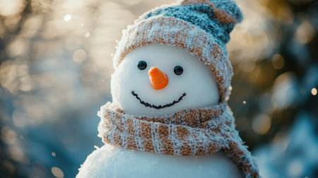 A cheerful snowman with a wide grin, its eyes made of coal and nose a bright orange carrot, adorned with a warm winter hat.の素材
