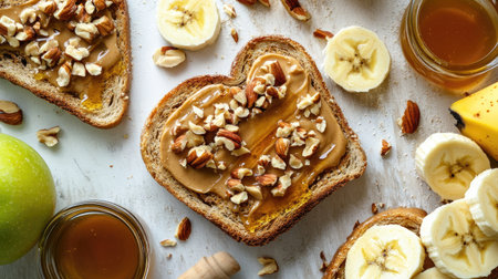 A close-up of peanut butter toast with a drizzle of honey and crushed nuts on a light table, surrounded by fresh ingredients like apples and bananas.の素材