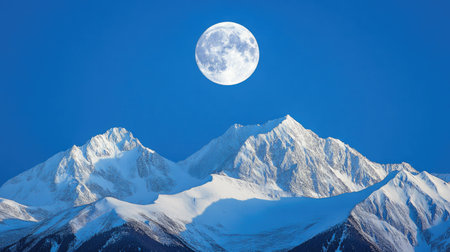 A bright full moon shines in the clear blue sky, highlighting the peaks of snow-covered mountains beneath its soft light.の素材