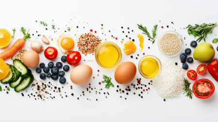 A colorful array of vegetables, eggs, fruit, rice, and oil on a white background. The perfect mix of the five main food groups for a healthy diet.の素材