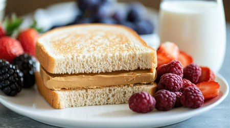 A close-up of a peanut butter sandwich on a white plate, with a glass of milk and fresh fruit beside it, perfect for a simple and nutritious meal.の素材