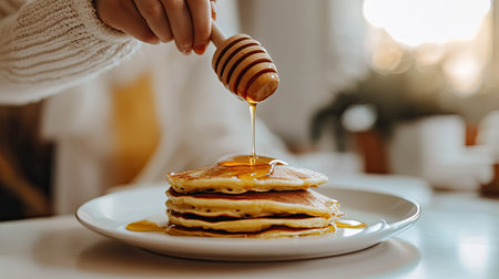 A close-up of a woman's hand pouring honey over pancakes on a white plate, with a white table and a blurry background, emphasizing the delicious simplicity of the momentの素材