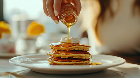 A close-up shot of a woman's hand pouring honey over pancakes, with the white plate and table blending into a soft, blurry background, creating a serene breakfast momentの素材