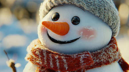 A close-up shot of a cheerful snowman with a carrot nose, coal eyes, and a wide grin, wrapped in a cozy winter scarf.の素材