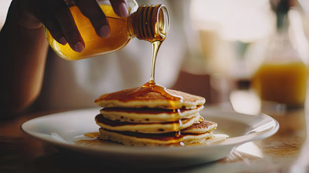 A close-up shot of a woman's hand pouring honey over pancakes, with the white plate and table blending into a soft, blurry background, creating a serene breakfast momentの素材