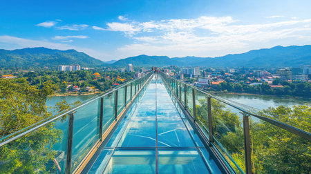 A bright summer day at the Skywalk in Kanchanaburi, Thailand, with the transparent glass deck offering stunning views of the city's skyline and the peaceful river below.の素材
