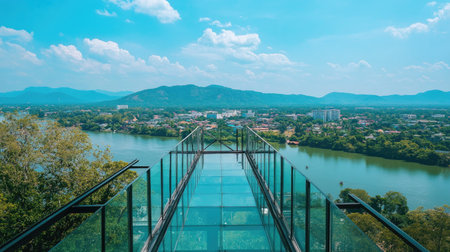 A clear summer day in Kanchanaburi, Thailand, with the Skywalk Observation Deck offering a thrilling glass-floor view of the city, river, and surrounding natural beauty.の素材