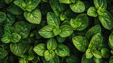 A close-up top-down shot of oregano leaves, showing the fine details and vibrant green color, perfect for a culinary herb garden.の素材
