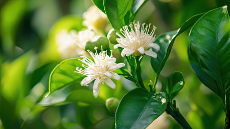 A cluster of bergamot flowers on the tree, surrounded by vibrant green leaves, emphasizing its medicinal properties.の素材