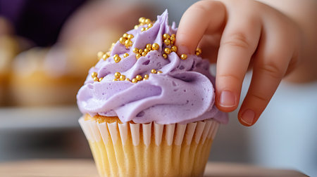 A childaes hand reaching for a cupcake decorated with purple whipped cream and golden sprinkles, highlighting the fun and playful side of baking.の素材