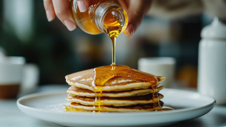 A close-up of a woman's hand pouring honey over pancakes on a white plate, with a white table and a blurry background, emphasizing the delicious simplicity of the momentの素材