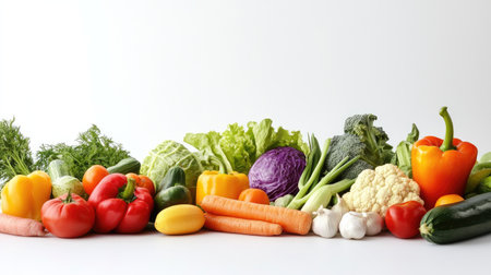A collection of fresh, organic vegetables with copy space on a white background. Ideal for vegetarian and vegan content, promoting healthy, plant-based diets.の素材