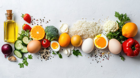 A colorful array of vegetables, eggs, fruit, rice, and oil on a white background. The perfect mix of the five main food groups for a healthy diet.の素材