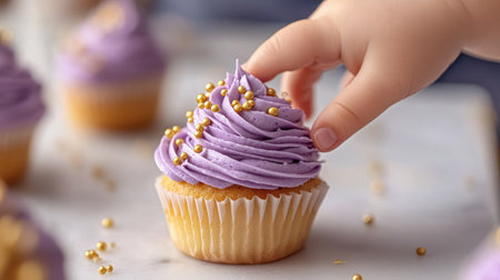 A childaes hand reaching for a cupcake decorated with purple whipped cream and golden sprinkles, highlighting the fun and playful side of baking.の素材