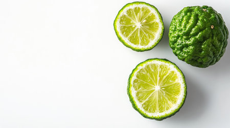 A close-up of a green bergamot fruit sliced in half, revealing the juicy pulp, isolated on a white background with ample copy space.の素材
