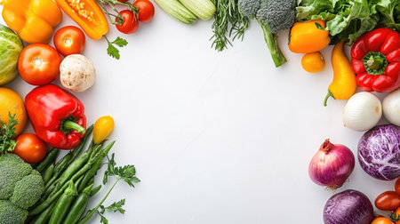 A colorful array of fresh whole vegetables on a white table, perfect for diet and cooking banners, showcasing the benefits of healthy eating.の素材