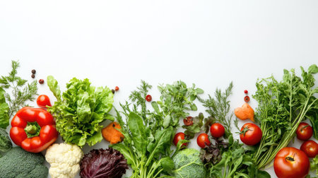 A collection of fresh, organic vegetables with copy space on a white background. Ideal for vegetarian and vegan content, promoting healthy, plant-based diets.の素材