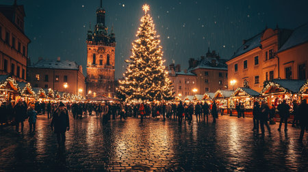 A cozy evening in Krakow's Main Market Square, with a large Christmas tree glowing beside the Cloth Hall, creating a magical holiday atmosphere.の素材