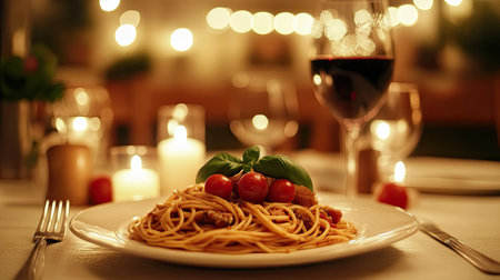 A cozy dinner scene with spaghetti, tomato, and basil on a white plate, accompanied by a glass of wine and candlelight.の素材