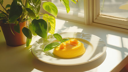 A delicate portion of mango yogurt on a white plate, with sunlight filtering through plants on the table.の素材